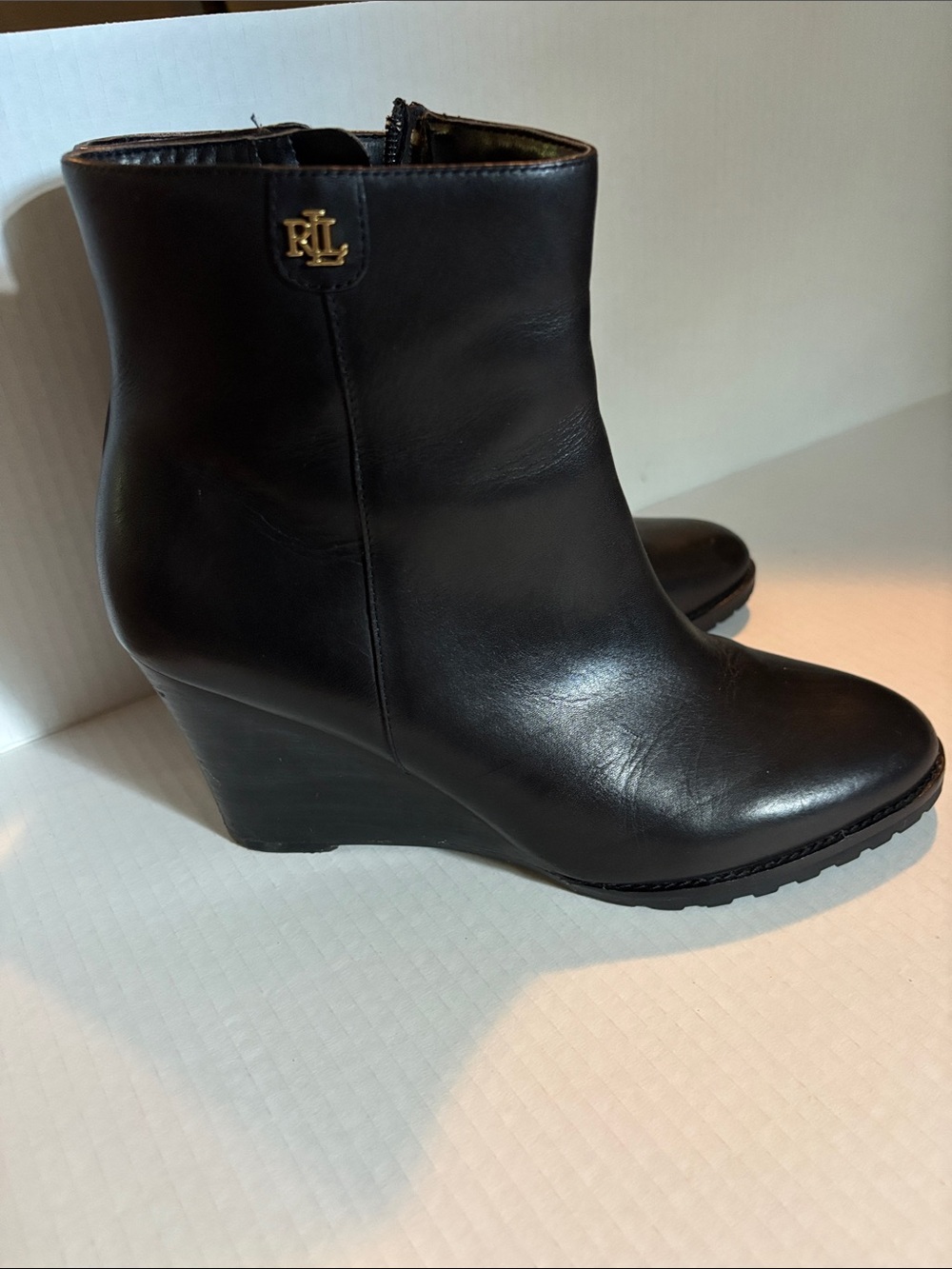 Ralph Lauren Shaley Black Leather Wedge Ankle Boots